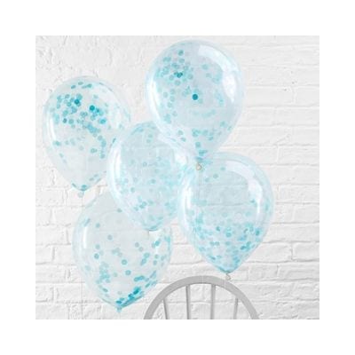 Ballonger med blå konfetti för babyshower