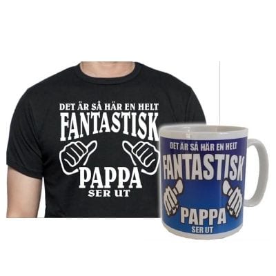Presentpaket med både T-shirt och mugg att ge en fantastisk pappa på fars dag. 