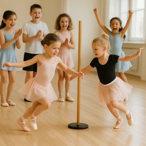 Balettlek där barn dansar med snurrande kjolar