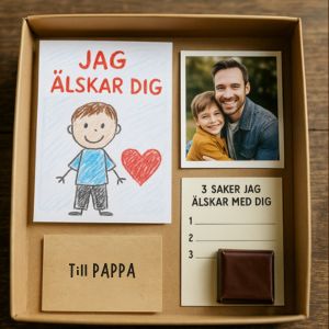 En presentlåda med teckning, foto, choklad och lapp med barnets kärlekshälsning till pappa.
