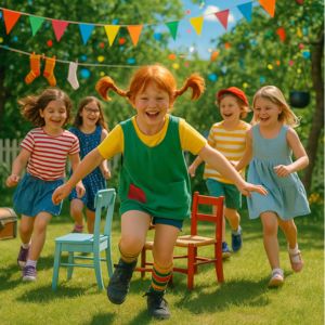 Roliga lekar för barnen på ett pippi-kalas