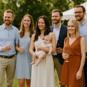 GÀsterna klÀdda i lite mer uppklÀdda klÀder Àn till vardags vid en avslappnad men högtidlig namngivningsceremoni utomhus.