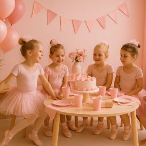 Barn som leker på balettkalas med rosa dekorationer