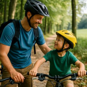Pappa och barn cyklar tillsammans på skogsstig – en gemensam äventyrsdag som present.