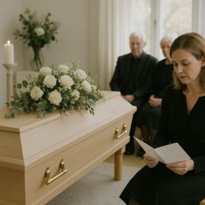 text till begravning – kvinna står vid kista med blommor