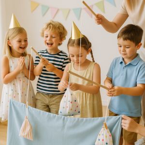 Barn som står ihop vid fiskdammen och väntar på sin tur att leka den klassiska godispåseleken