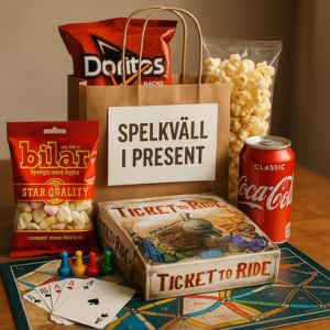 Paket med godis och kortspel – ge bort en social studentupplevelse.