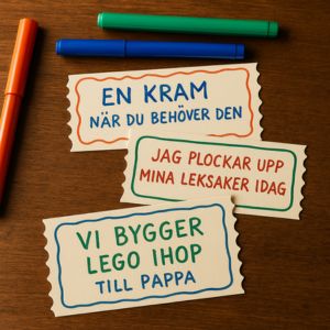 Färgglada kuponger med handskrivna löften från barnet, som “Vi bygger Lego ihop”.