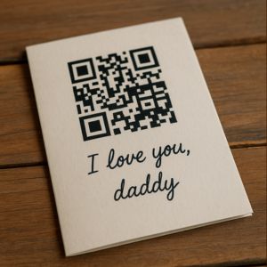 Ett hemmagjort kort med QR-kod och texten “Jag älskar dig, pappa”.