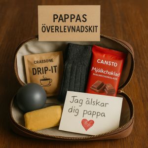 En necessär fylld med choklad, kaffe, strumpor, stressboll och ett kärleksfullt kort från barnet.