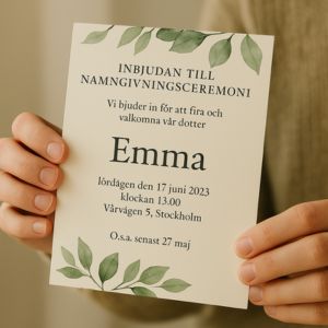 Stilren inbjudan till ett alternativ till dopet, dÀr förÀldrar vÀljer en icke-religiös ceremoni för att vÀlkomna barnet.