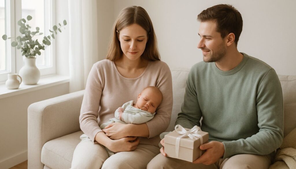 glad mamma med nyfödd bebis och present till förstagångsföräldrar