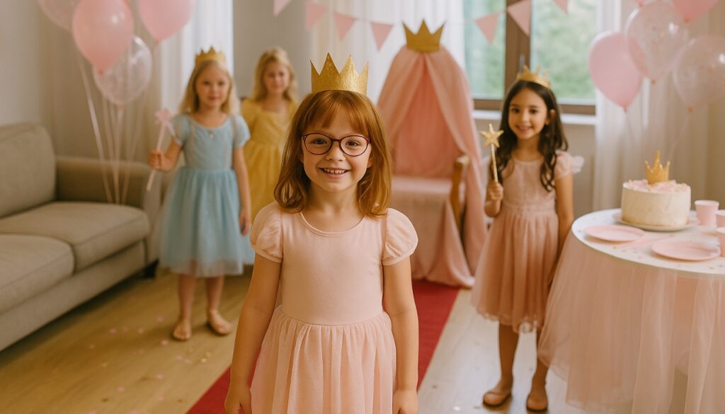 Barn i utklädnad på prinsesskalas med glitter och tyll