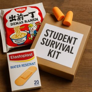 Roligt överlevnadskit med nudlar och plåster – perfekt present till studenten med humor.