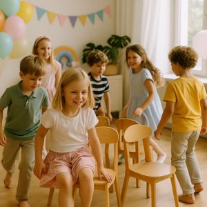Barn som sitter i ring för att leka en populär lek på barnkalas – gäller att vara snabb!