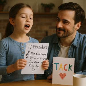 Ett barn sjunger en egenskriven sång till pappa med pappasång-text i handen. En presentidé som visar att det inte alltid behövs prylar för att bli glad.