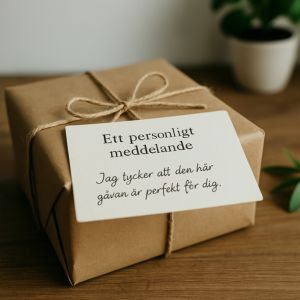 Detalj av en betydelsefull gåva med personligt meddelande, inslagen i naturnära papper.