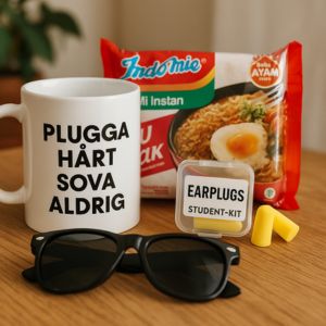 Ett humoristiskt överlevnadskit för studenten, fyllt med praktiska prylar inför livet efter studenten.