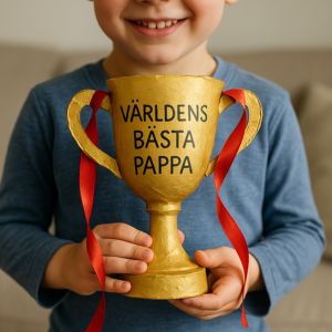 Ett barn håller stolt i en guldmålad “Världens bästa pappa”-trofé med röda band.