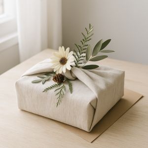 Dekorationer på en furoshiki-inslagen present.