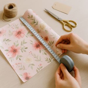 Presentinslagning flaska i blommigt papper med etikett och rosett