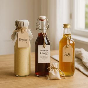 Hemgjord flaska med bĂ€r och etikett â enkel men fint paket