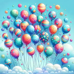Färgglada ballonger och texten 'Grattis på födelsedagen' för barn