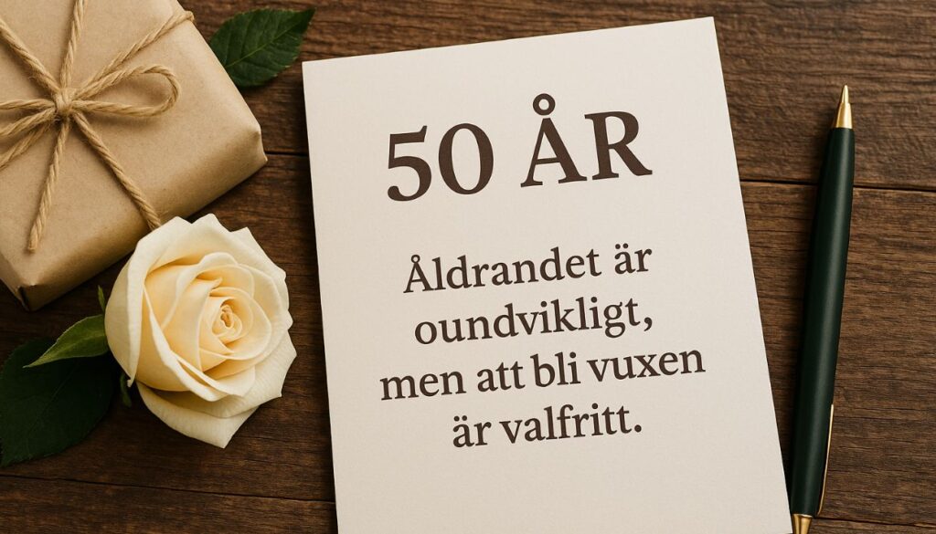 En festlig dekoration för en 50-årsdag med citat och gratulationer.
