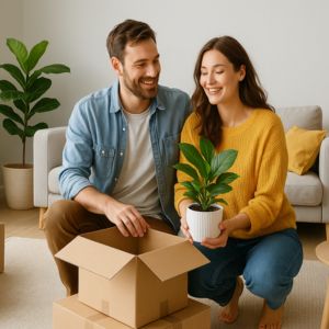 Par packar upp i sitt nya hem fyllt med flyttlÄdor, gröna vÀxter och ljus trÀinredning