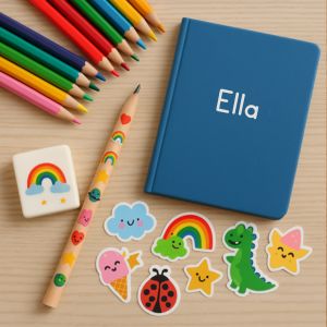 Kreativt skrivset för barn – färgpennor, anteckningsbok och suddgummi som present till skolstart.