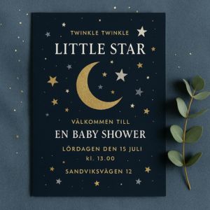 babyshower inbjudningskort med stjärnor och måne