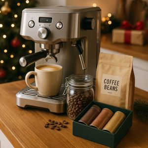 Kaffepaket med bryggkaffe, choklad och ett personligt kort.