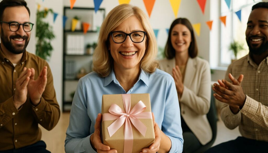 En kollega som firar sin 50 års födelsedag med en present.