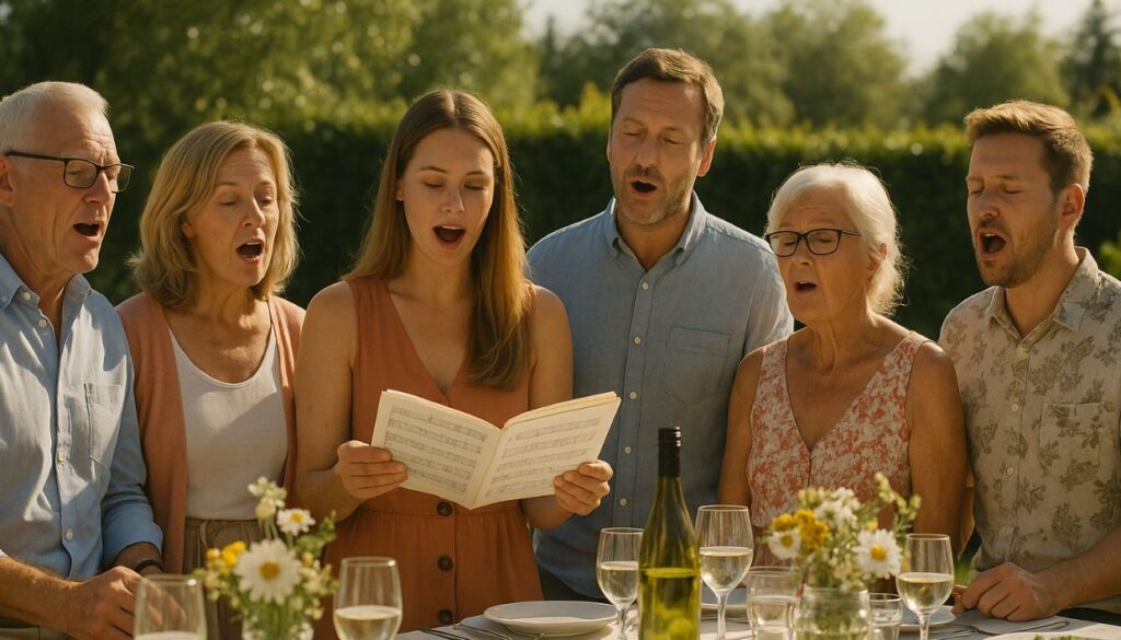 Ett glatt sällskap sjunger allsånger vid en sommarfest, där flera generationer samlats runt ett vackert dukat bord för att skapa stämningen med visor som passar just den här festen. Många tycker att det inte behövs så mycket mer för att få festen att lyfta – bara några sånger och rätt allsånger så kommer sjungandet igång av sig självt. Först går en klassisk snapsvisa som Helan går, följt av andra visor som flera gärna sjunger med i. Det här är ett perfekt exempel på hur sånger och snapsvisor tillsammans får alla att känna sig delaktiga och glada. På bilden syns hur stämningen bara blir bättre ju mer folk sjunger, och hur alla kommer igång, även de som bara skulle titta på. Visorna som sjungs skall ha valts med omsorg för att passa många olika smaker, och bilden visar just hur rätt allsång kan få festen att bli oförglömlig. Det finns inget som får folk att släppa loss så som när de får sjunga tillsammans.