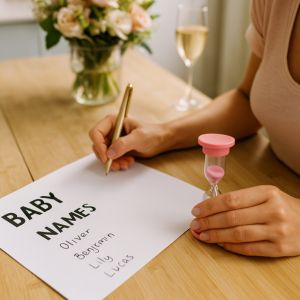 Gästerna skriver ner namnförslag på bebisen som del av en populär lek. En glad deltagare vinner pris efter att ha skrivit ner flest namn