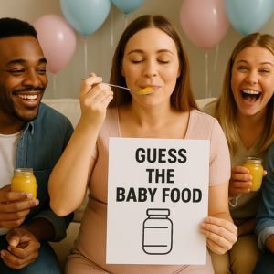 Deltagare som gissar barnmaten under en av många babyshower lekar