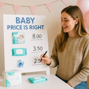 Roliga babyshower lekar gör firandet minnesvärt för både mamma och pappa. Babyshower lek där gästerna ska komma närmast rätt pris på babyprodukter.