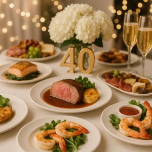 Vänner firar en elegant 40-årsfest med tårta och presenter