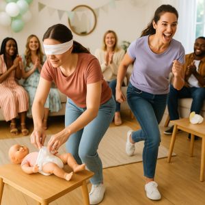 Två lag tävlar i att byta blöja på dockor under en klassisk baby shower-aktivitet