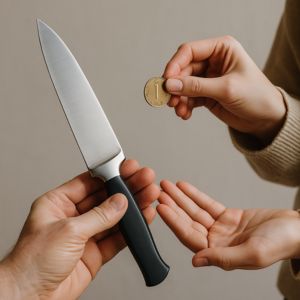 En liten slant sägs skydda relationen – mottagaren får betala symboliskt. Att överlämna kniven just så gör att man helst undviker otur.